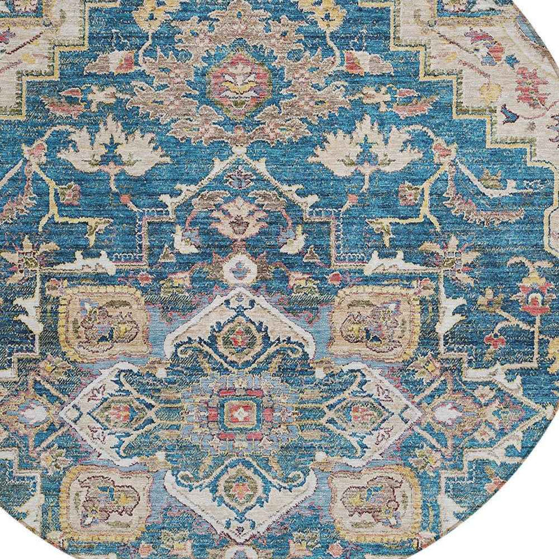 8' Blue Beige And Gold Round Oriental Washable Indoor Outdoor Area Rug