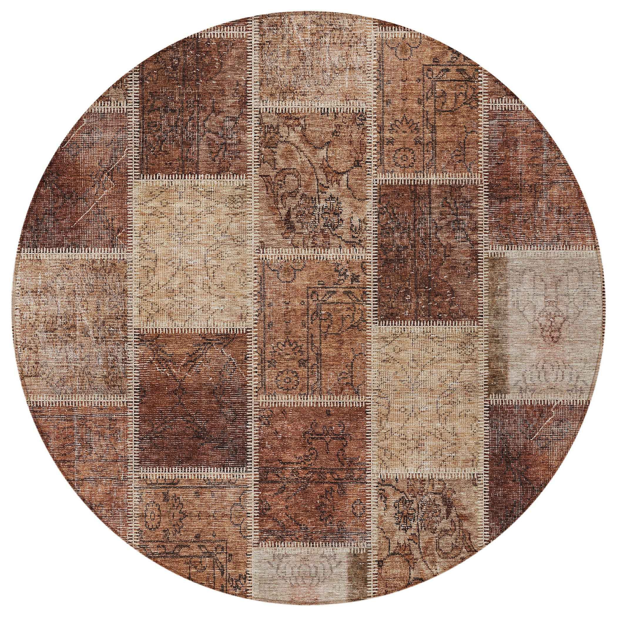8' Orange Copper And Beige Round Patchwork Washable Indoor Outdoor Area Rug