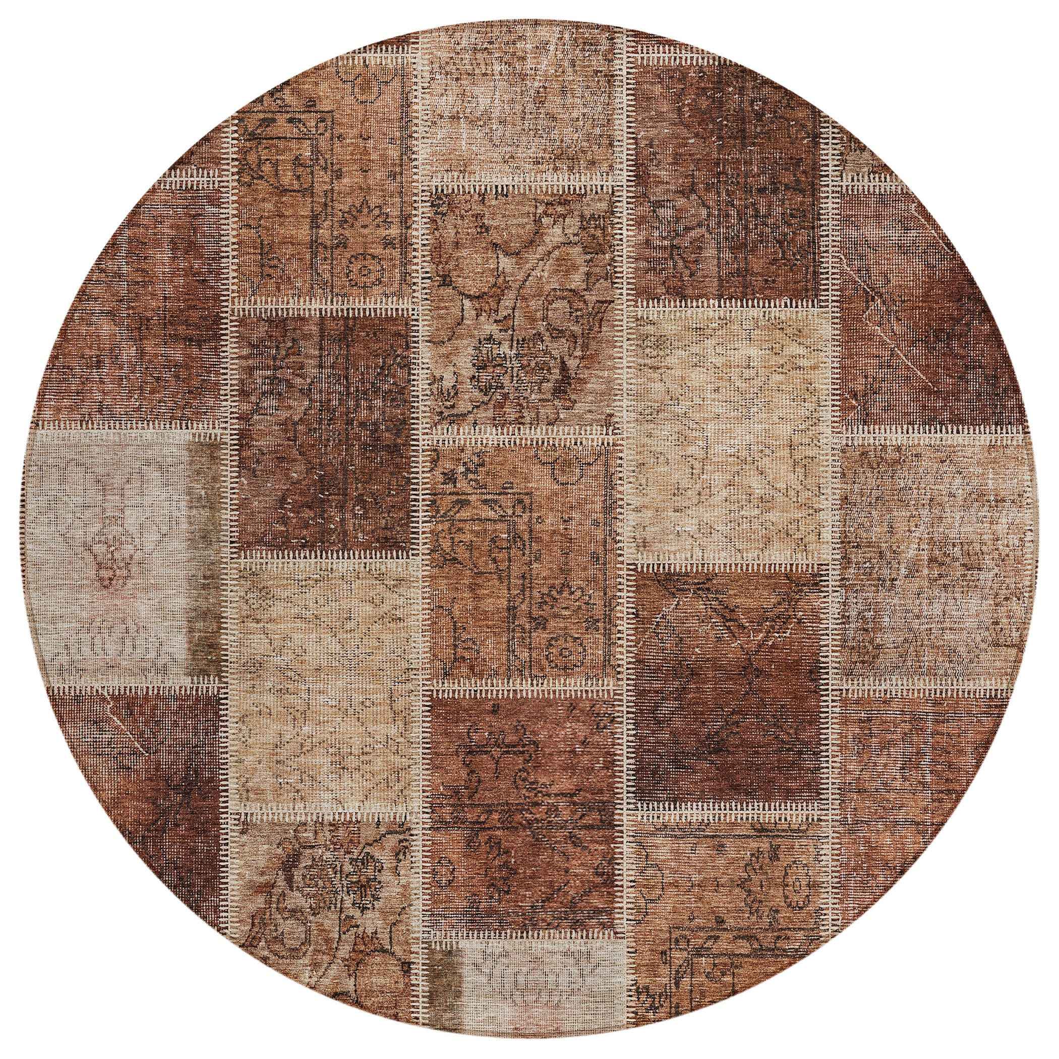 8' Orange Copper And Beige Round Patchwork Washable Indoor Outdoor Area Rug