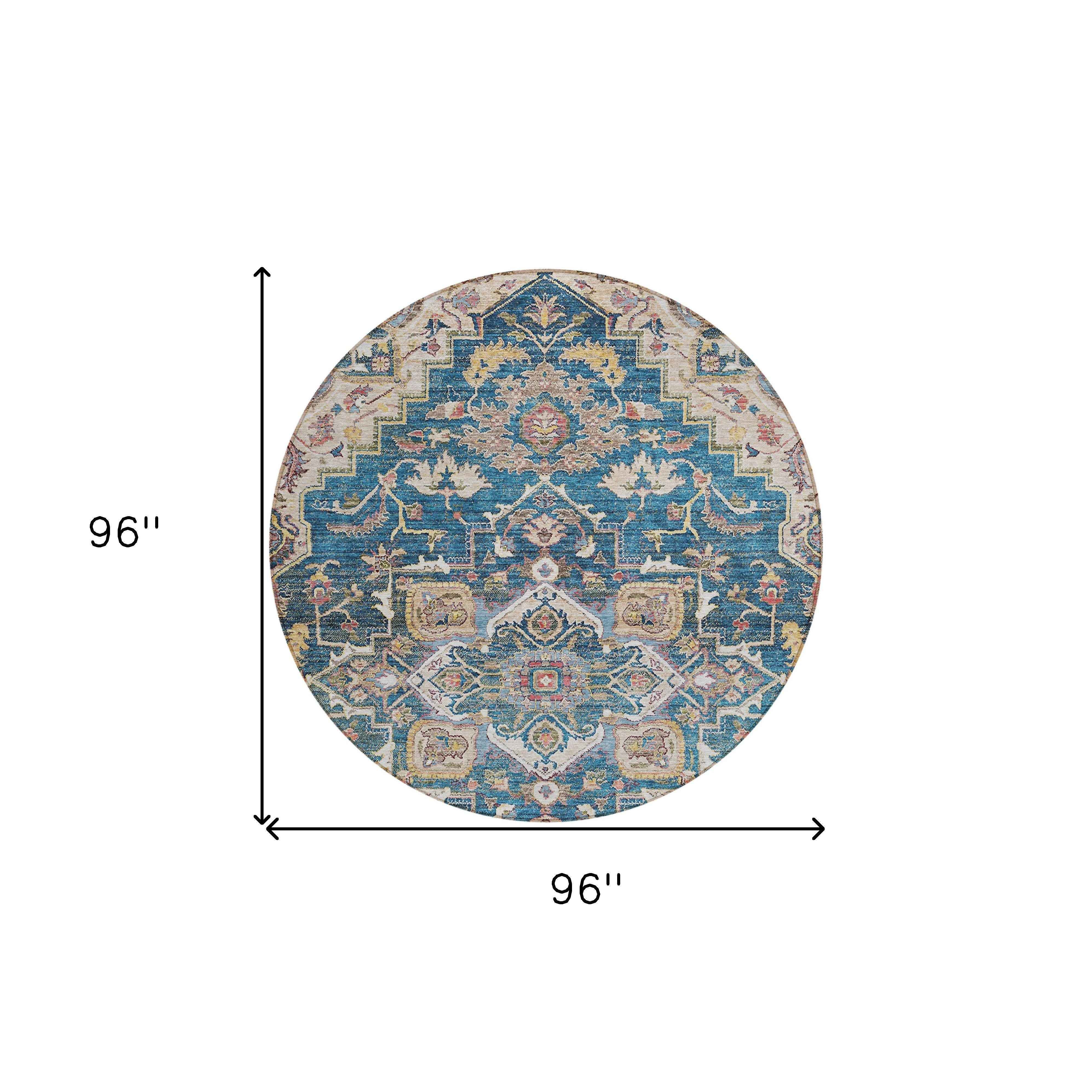 8' Blue Beige And Gold Round Oriental Washable Indoor Outdoor Area Rug