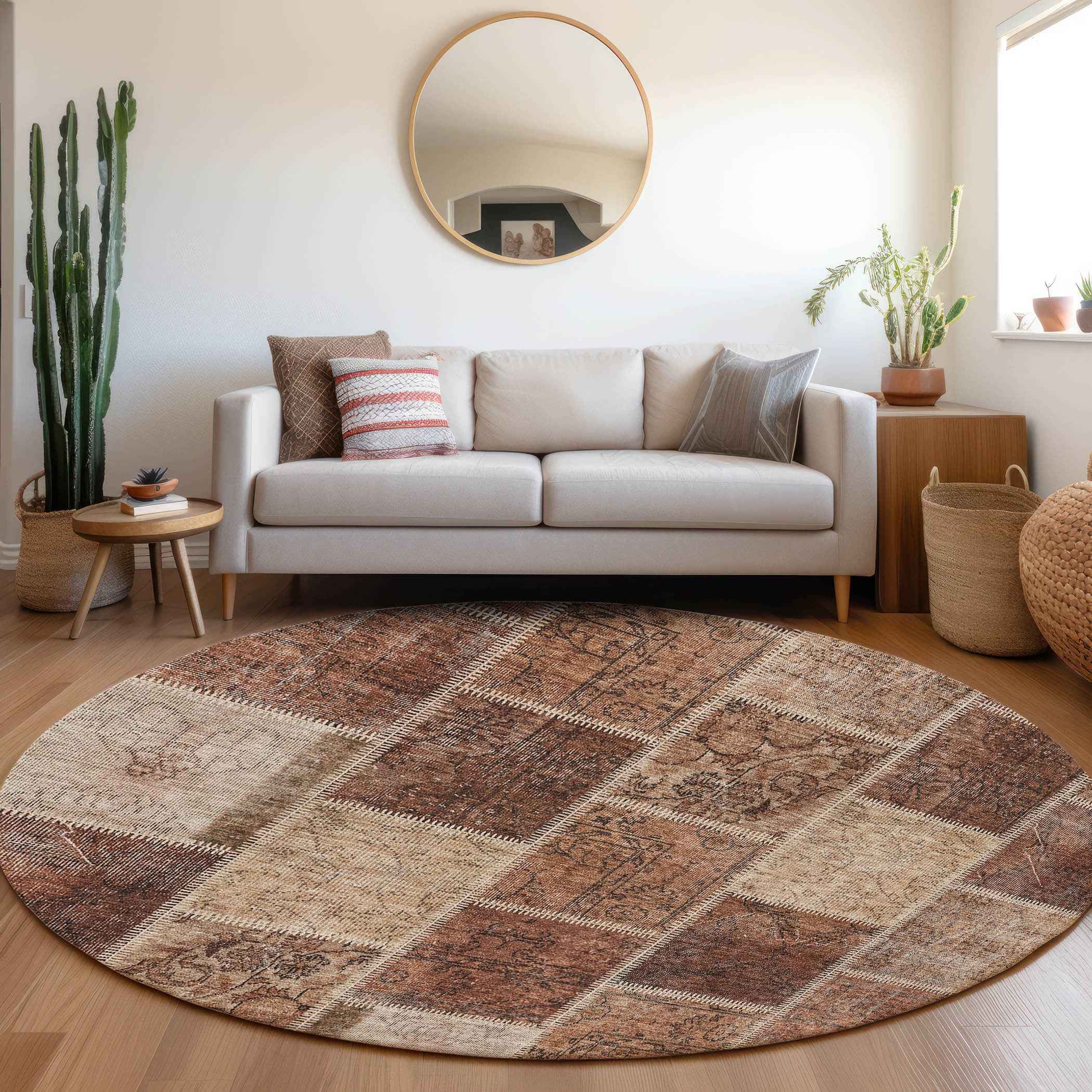 8' Orange Copper And Beige Round Patchwork Washable Indoor Outdoor Area Rug