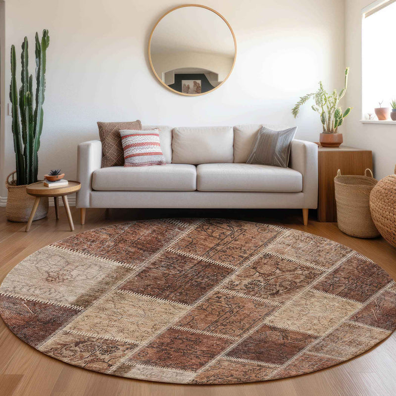 8' Orange Copper And Beige Round Patchwork Washable Indoor Outdoor Area Rug