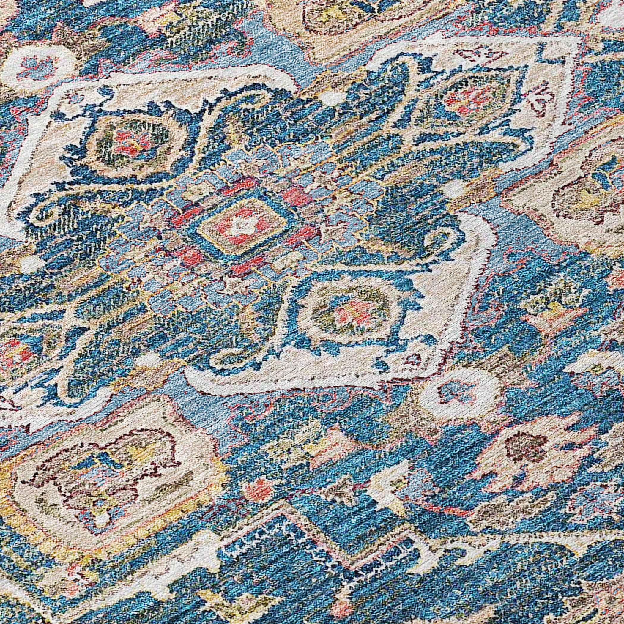 8' Blue Beige And Gold Round Oriental Washable Indoor Outdoor Area Rug