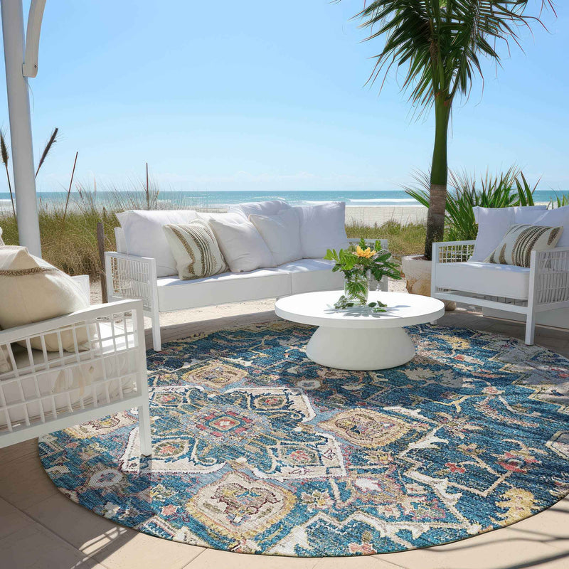 8' Blue Beige And Gold Round Oriental Washable Indoor Outdoor Area Rug