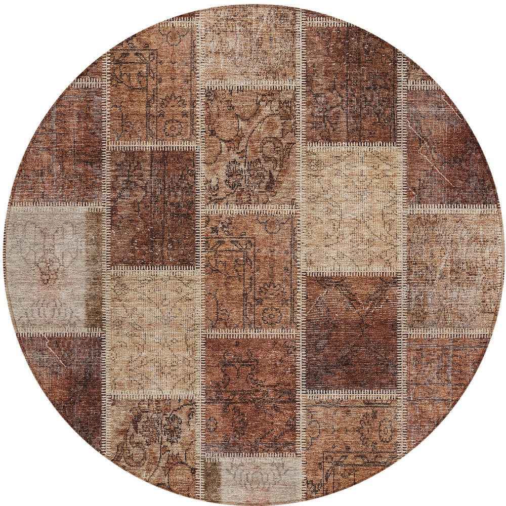 8' Orange Copper And Beige Round Patchwork Washable Indoor Outdoor Area Rug