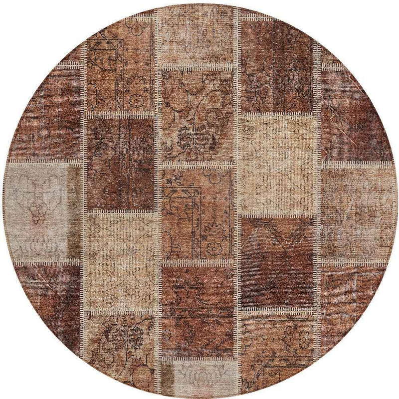 8' Orange Copper And Beige Round Patchwork Washable Indoor Outdoor Area Rug