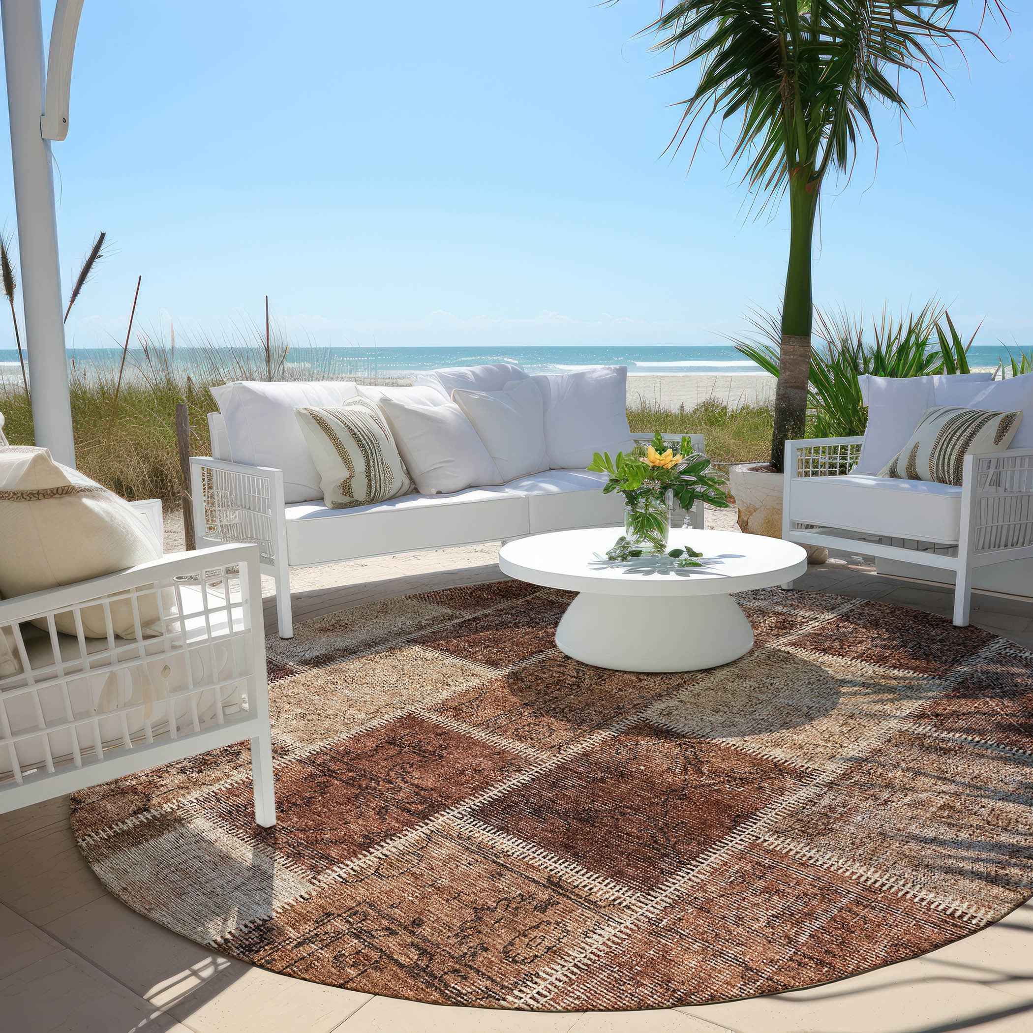 8' Orange Copper And Beige Round Patchwork Washable Indoor Outdoor Area Rug