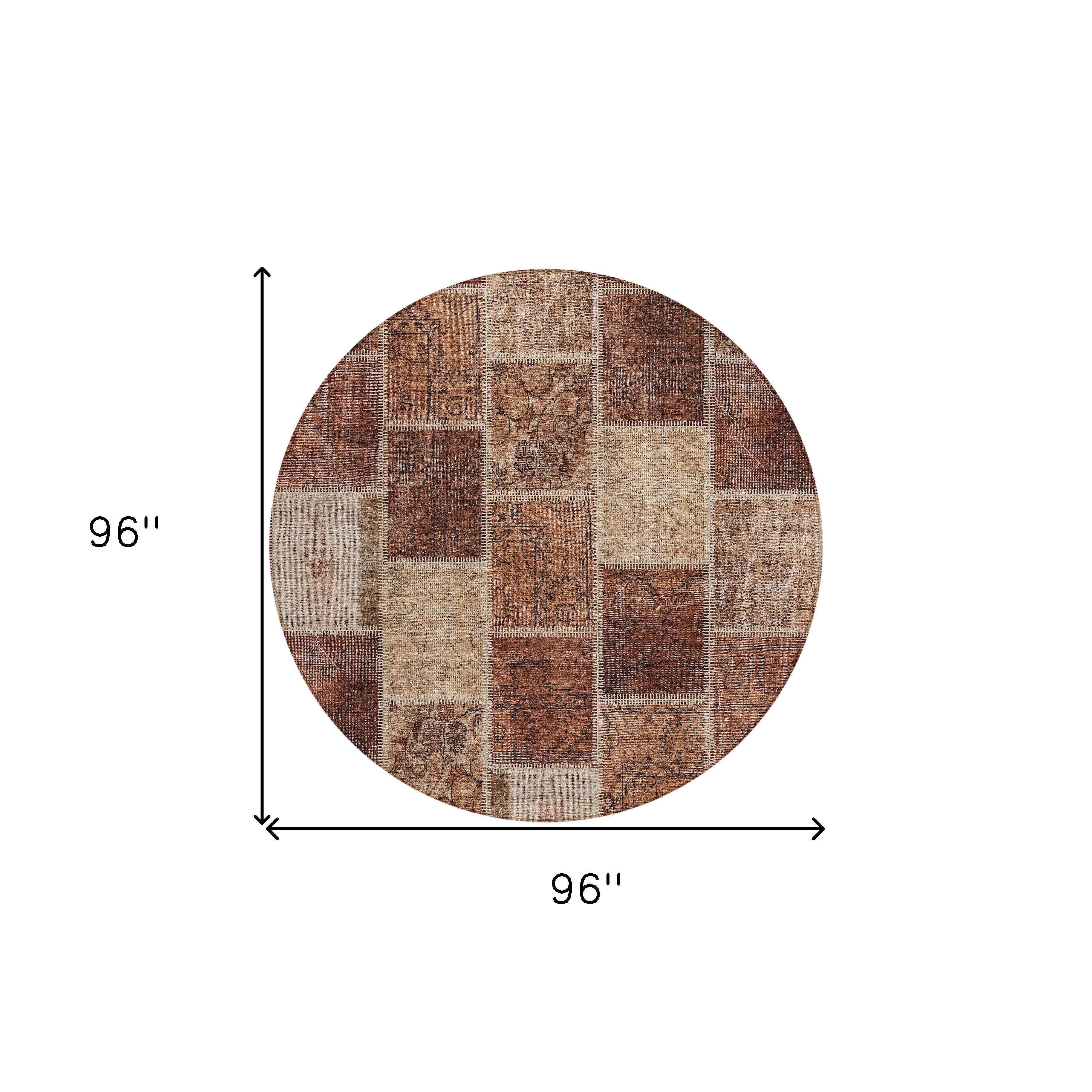 8' Orange Copper And Beige Round Patchwork Washable Indoor Outdoor Area Rug