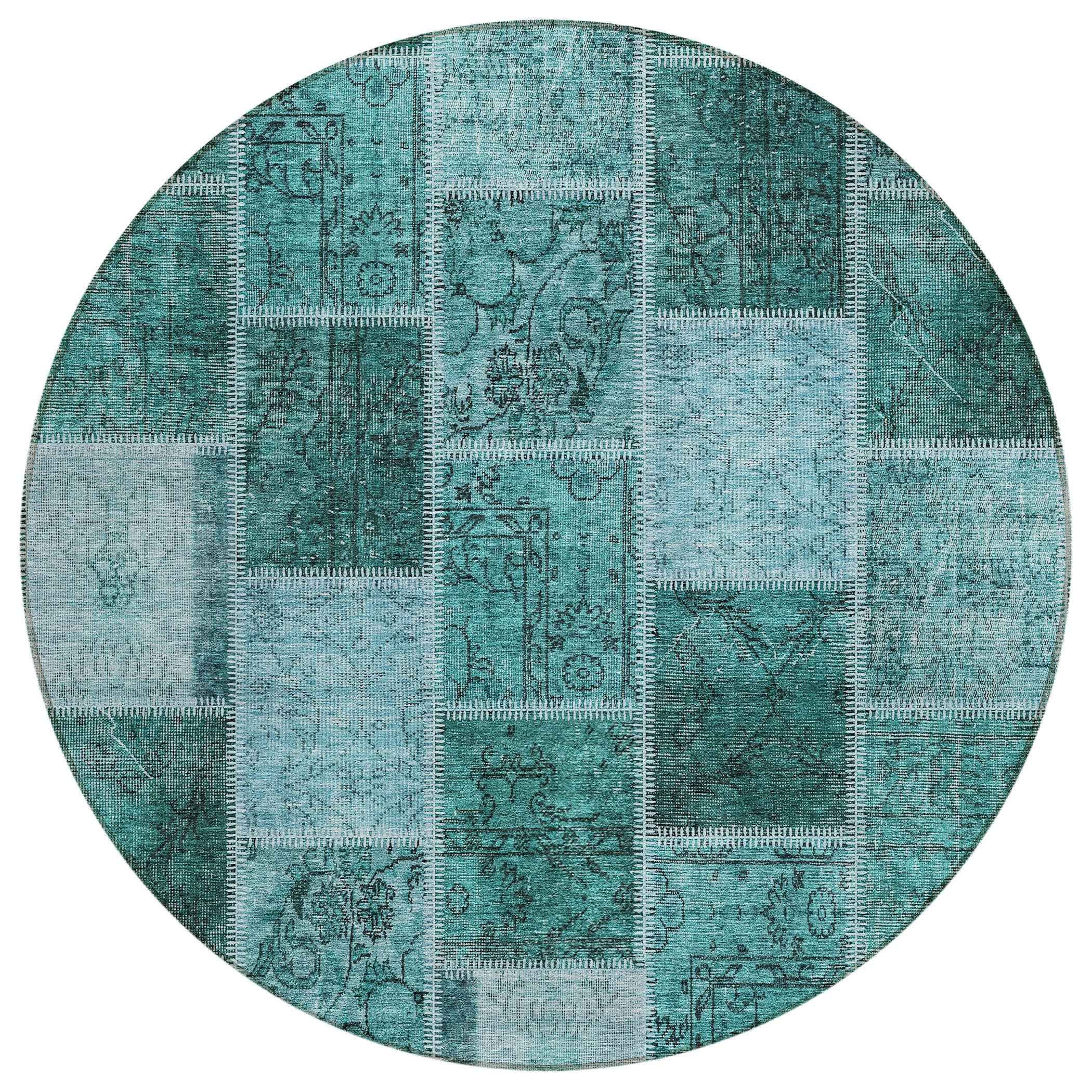 8' Teal Blue Aqua And Charcoal Round Patchwork Washable Indoor Outdoor Area Rug