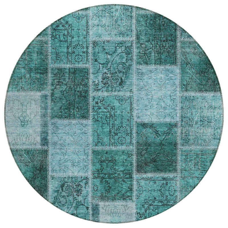 8' Teal Blue Aqua And Charcoal Round Patchwork Washable Indoor Outdoor Area Rug