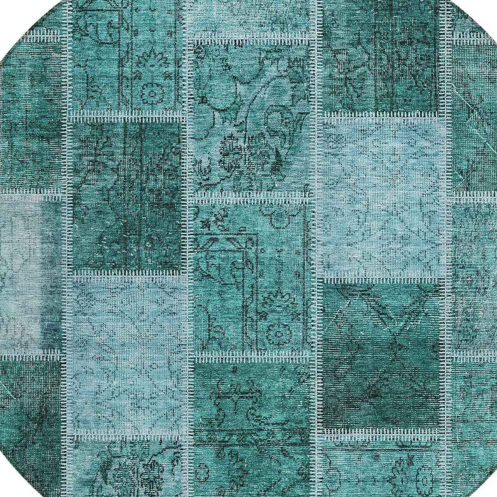 8' Teal Blue Aqua And Charcoal Round Patchwork Washable Indoor Outdoor Area Rug
