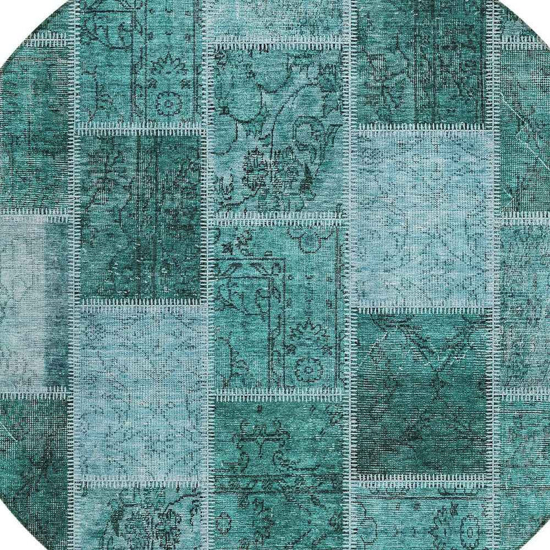 8' Teal Blue Aqua And Charcoal Round Patchwork Washable Indoor Outdoor Area Rug