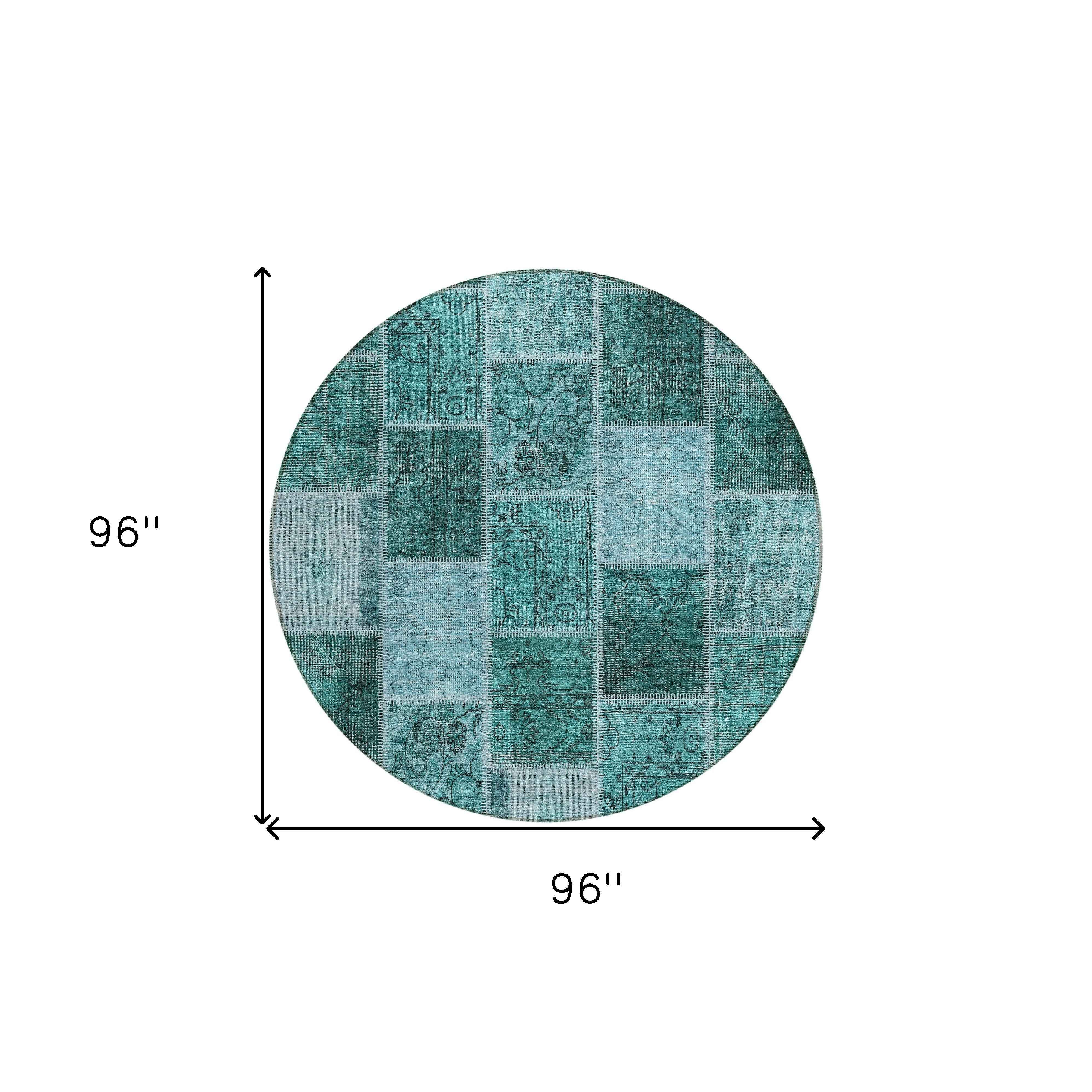 8' Teal Blue Aqua And Charcoal Round Patchwork Washable Indoor Outdoor Area Rug