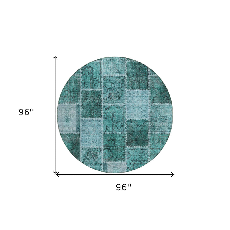 8' Teal Blue Aqua And Charcoal Round Patchwork Washable Indoor Outdoor Area Rug