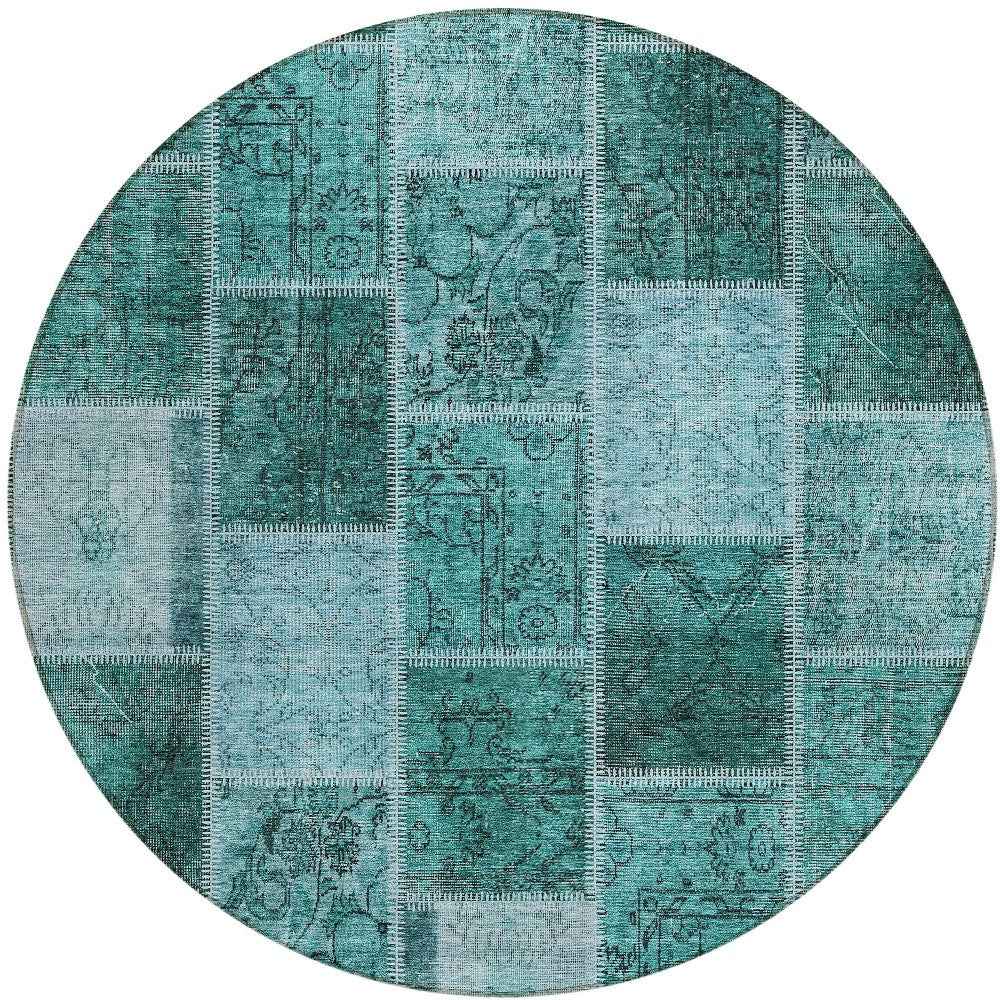 8' Teal Blue Aqua And Charcoal Round Patchwork Washable Indoor Outdoor Area Rug