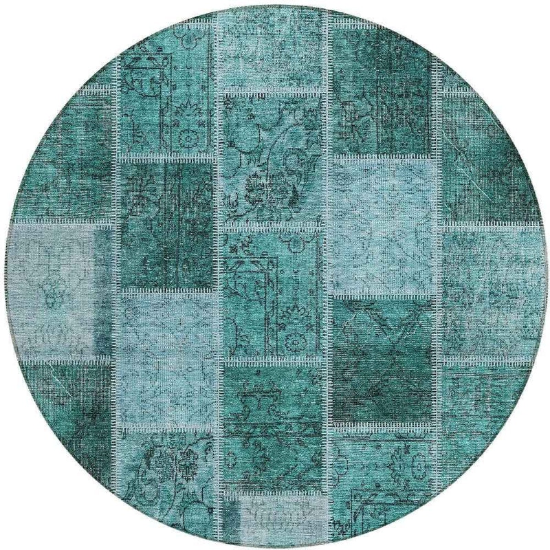 8' Teal Blue Aqua And Charcoal Round Patchwork Washable Indoor Outdoor Area Rug