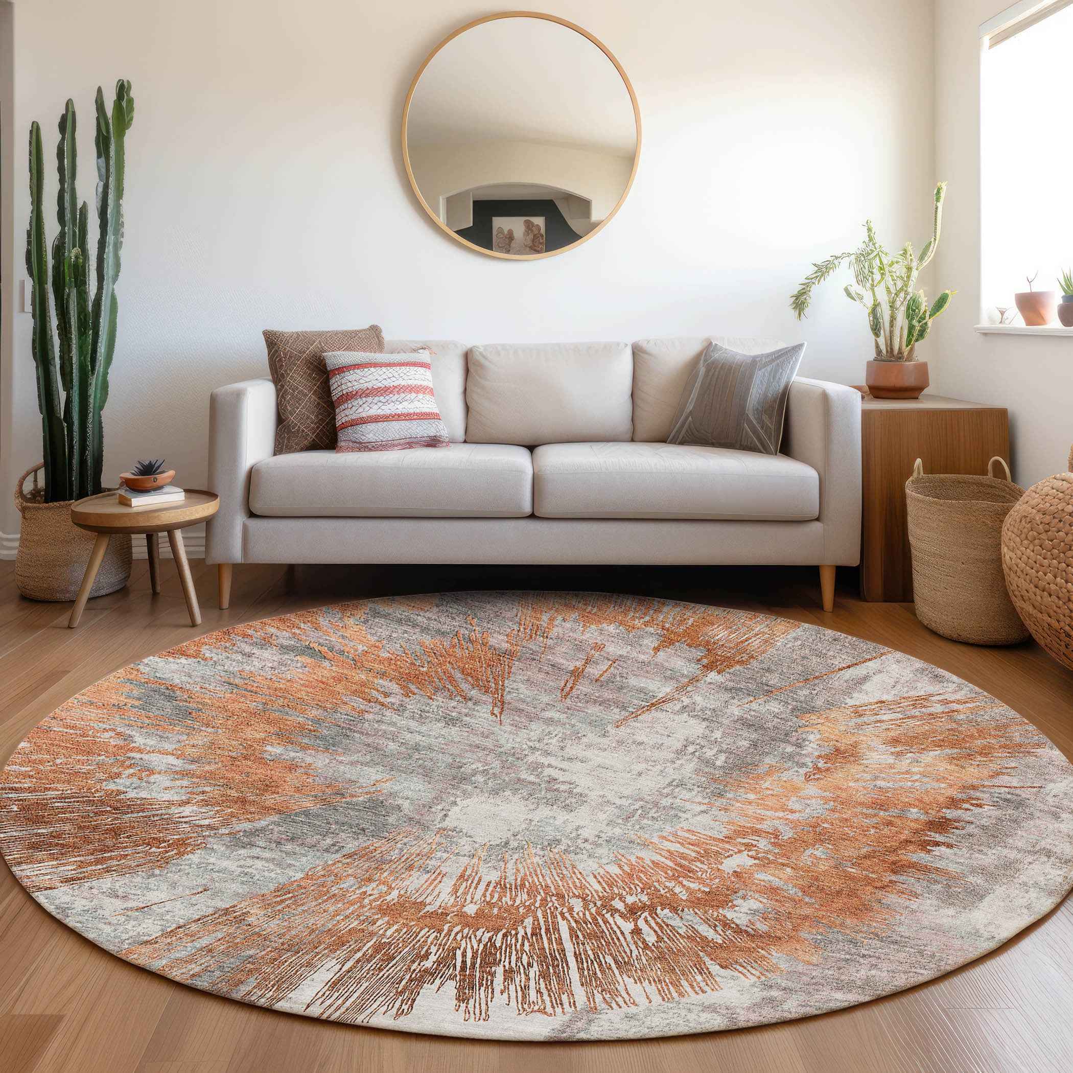 8' Terra Cotta Copper And Taupe Round Abstract Washable Indoor Outdoor Area Rug