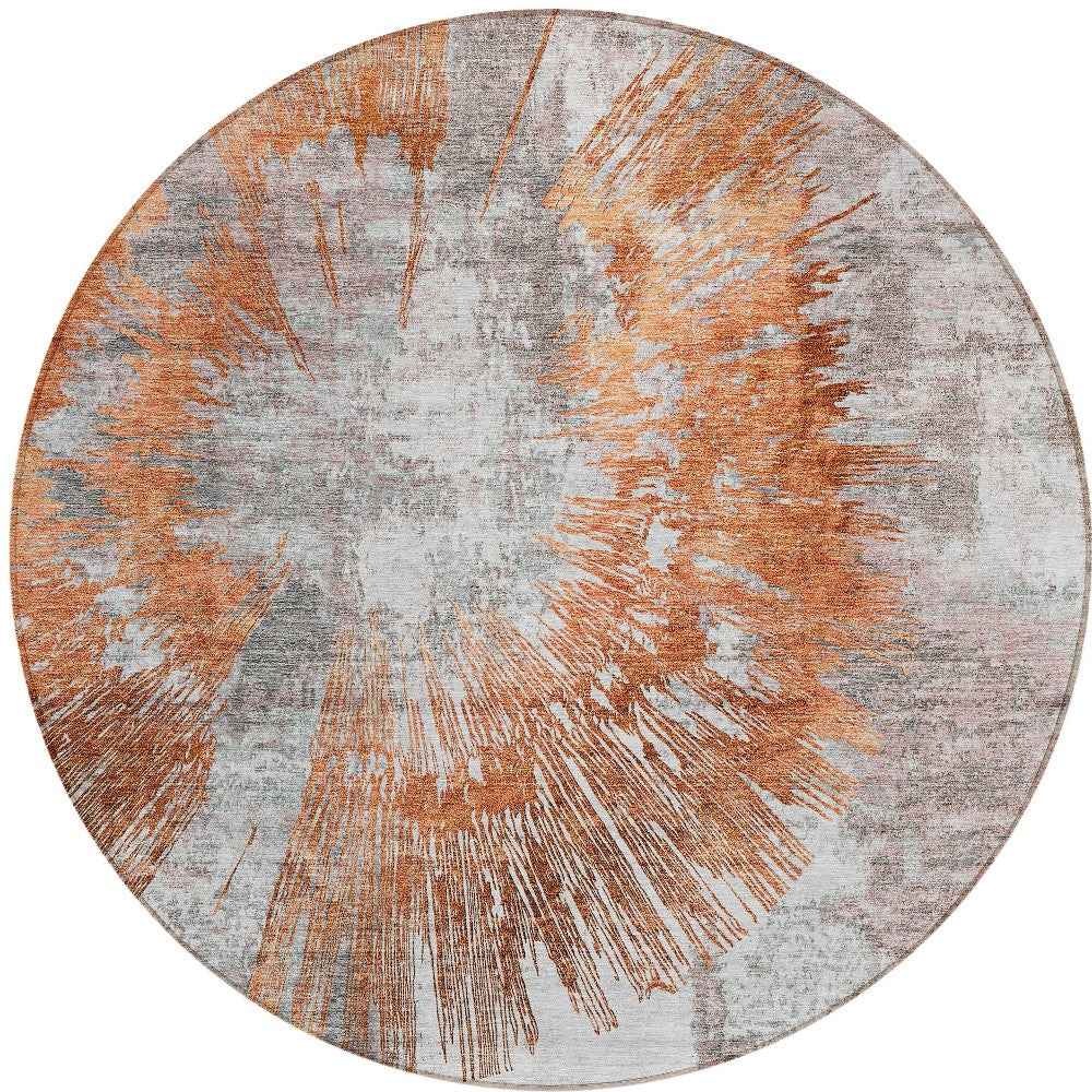 8' Terra Cotta Copper And Taupe Round Abstract Washable Indoor Outdoor Area Rug
