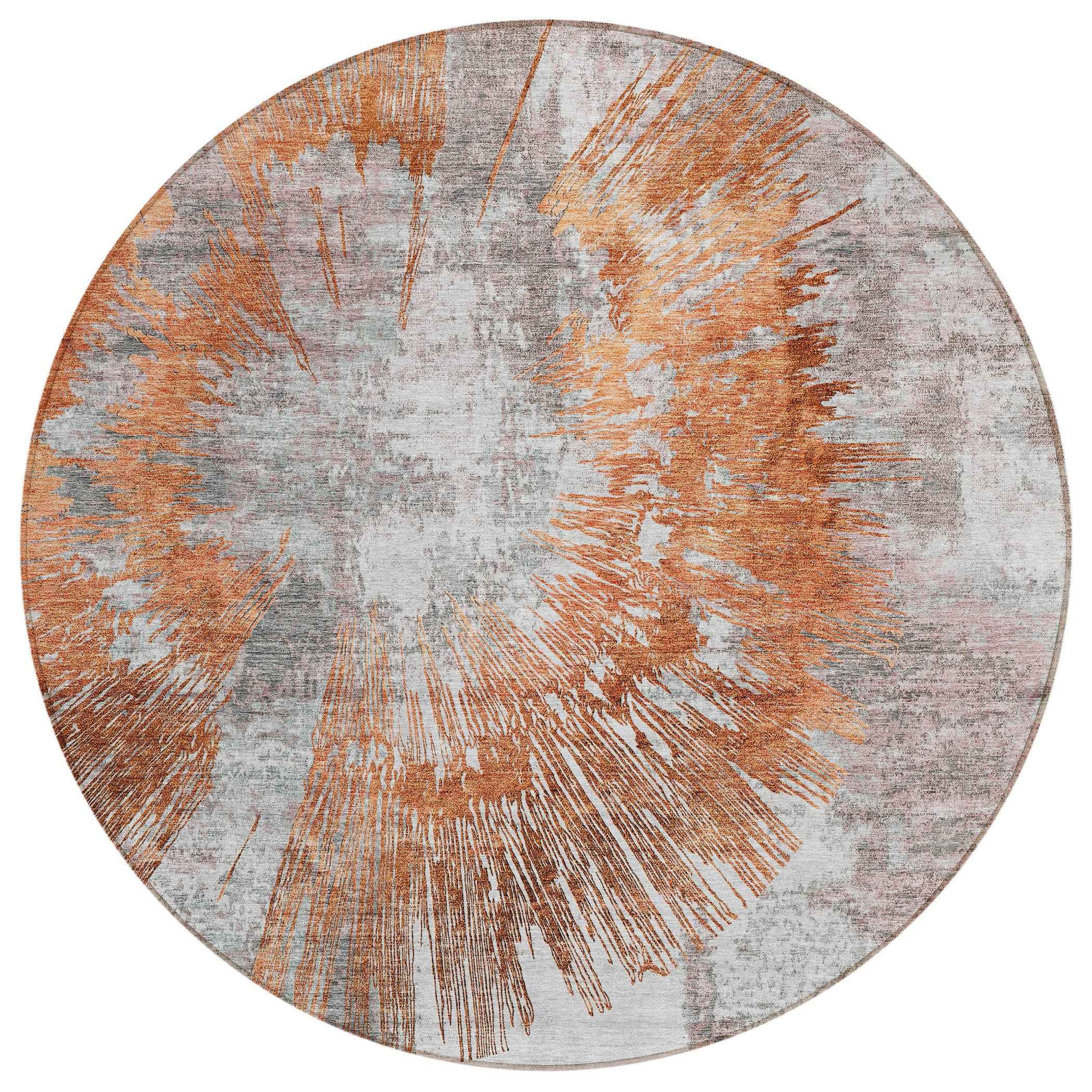 8' Terra Cotta Copper And Taupe Round Abstract Washable Indoor Outdoor Area Rug