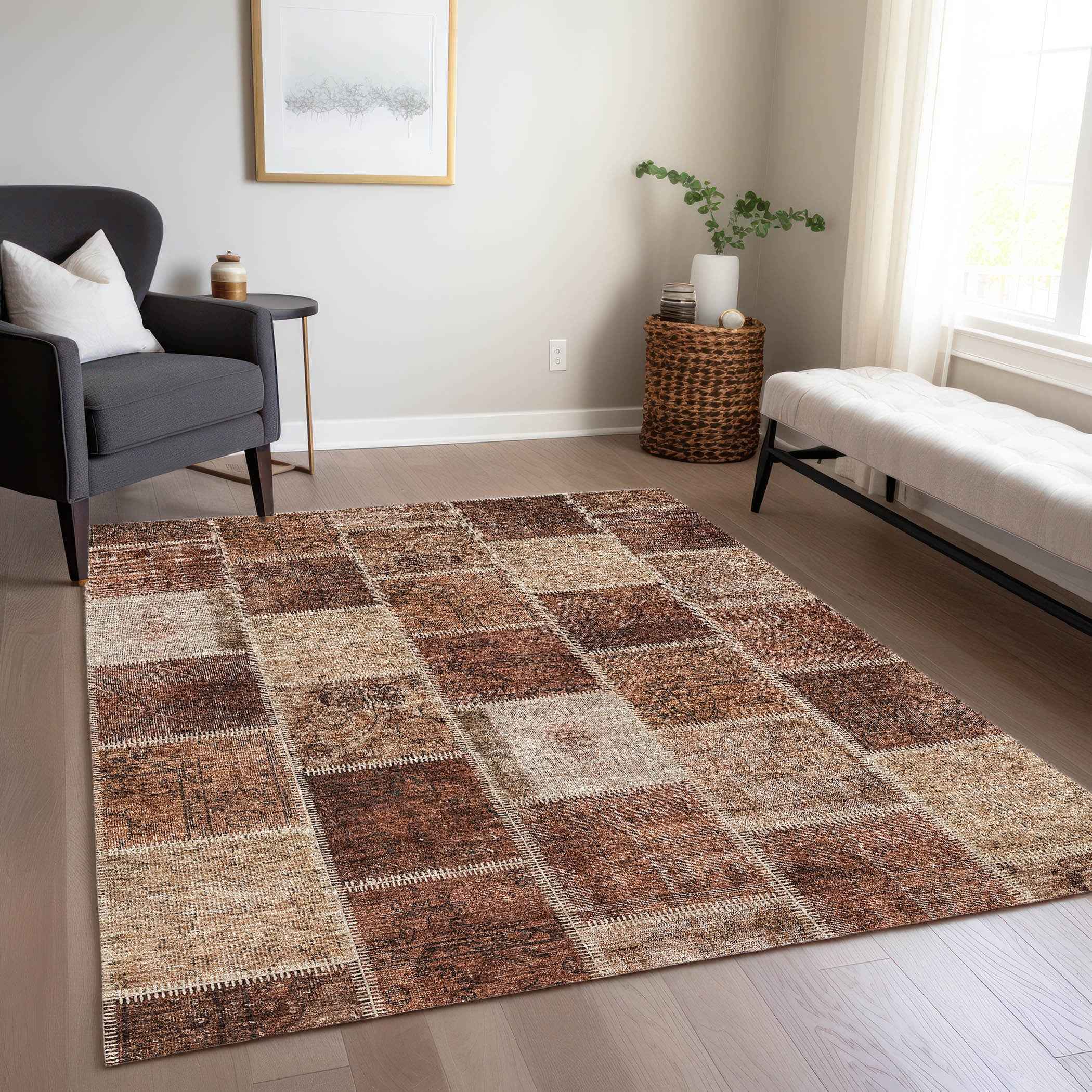 3' X 5' Orange Copper And Beige Patchwork Washable Indoor Outdoor Area Rug