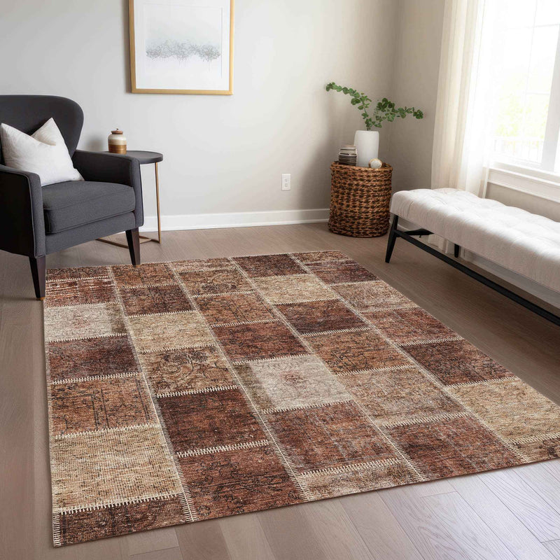 3' X 5' Orange Copper And Beige Patchwork Washable Indoor Outdoor Area Rug