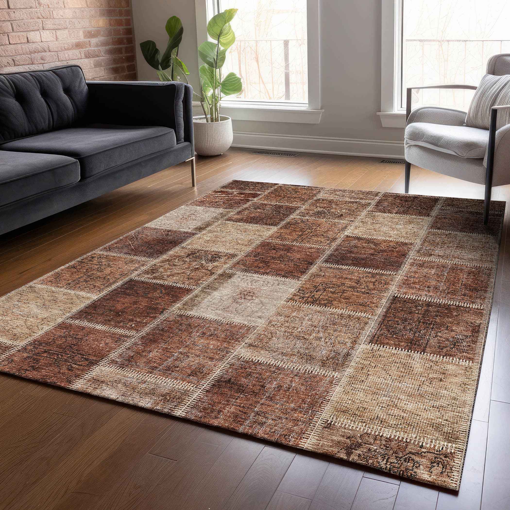 3' X 5' Orange Copper And Beige Patchwork Washable Indoor Outdoor Area Rug