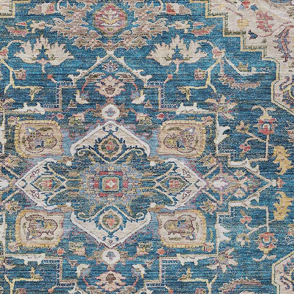 9' X 12' Blue Beige And Gold Oriental Washable Indoor Outdoor Area Rug