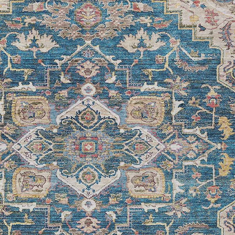 9' X 12' Blue Beige And Gold Oriental Washable Indoor Outdoor Area Rug
