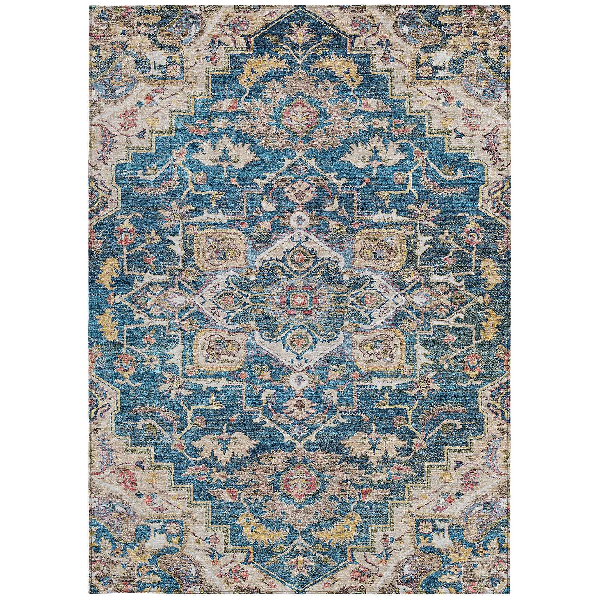 9' X 12' Blue Beige And Gold Oriental Washable Indoor Outdoor Area Rug