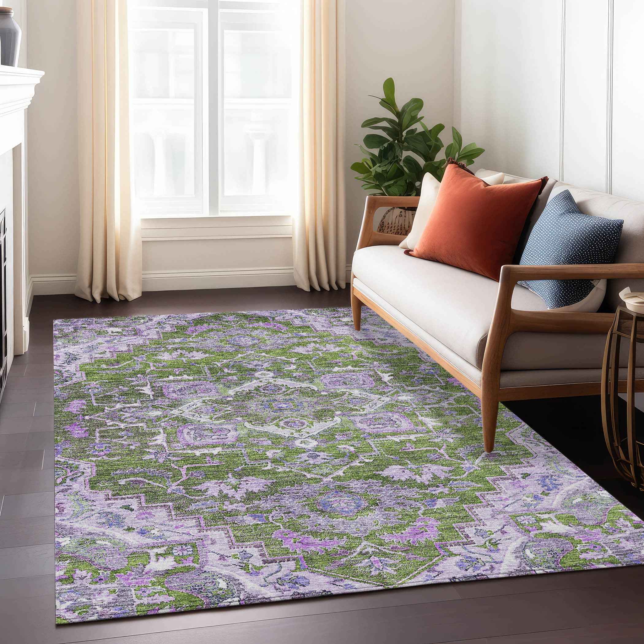 3' X 5' Olive Green And Purple Oriental Washable Indoor Outdoor Area Rug
