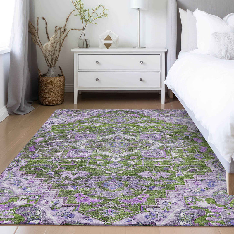 3' X 5' Olive Green And Purple Oriental Washable Indoor Outdoor Area Rug
