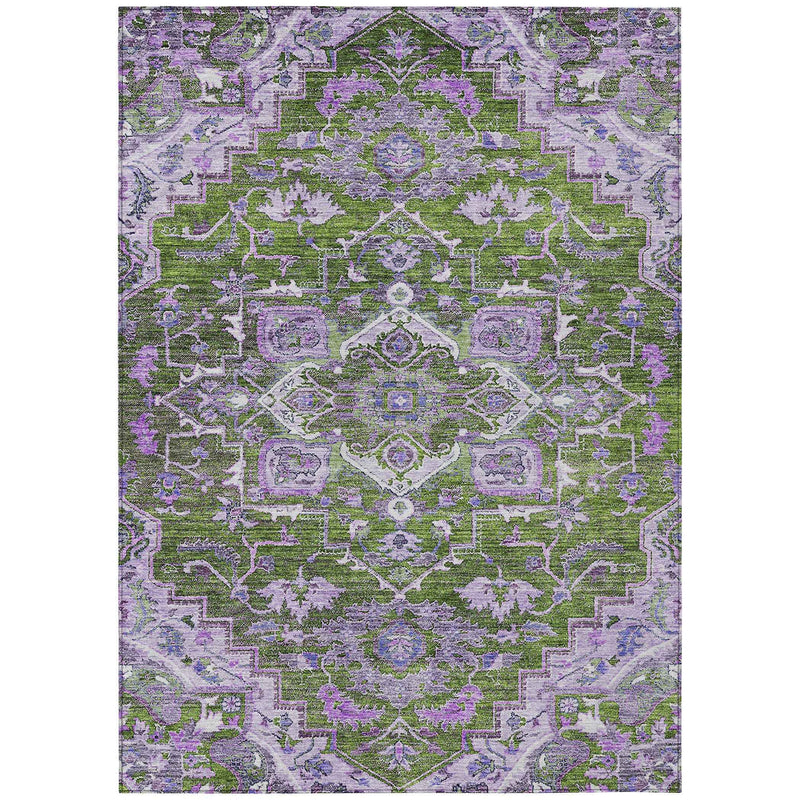 3' X 5' Olive Green And Purple Oriental Washable Indoor Outdoor Area Rug