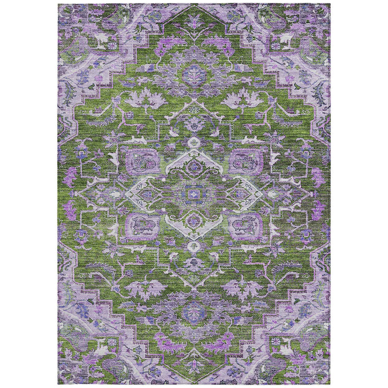 3' X 5' Olive Green And Purple Oriental Washable Indoor Outdoor Area Rug