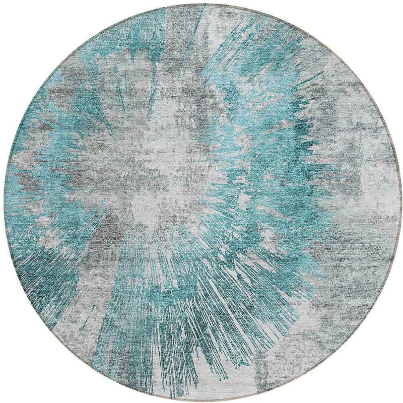 8' Teal Blue Aqua And Gray Round Abstract Washable Indoor Outdoor Area Rug