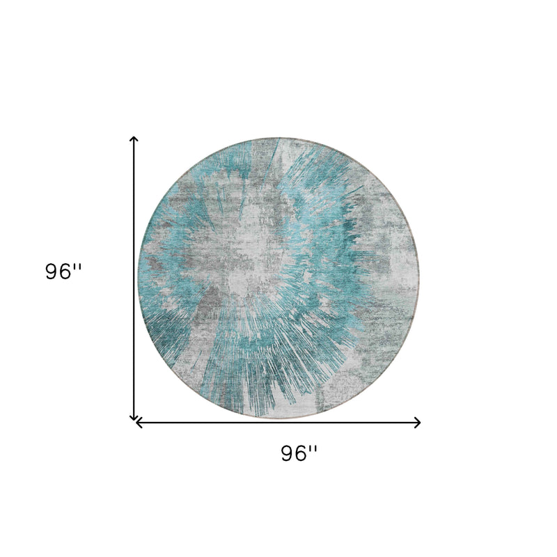 8' Teal Blue Aqua And Gray Round Abstract Washable Indoor Outdoor Area Rug