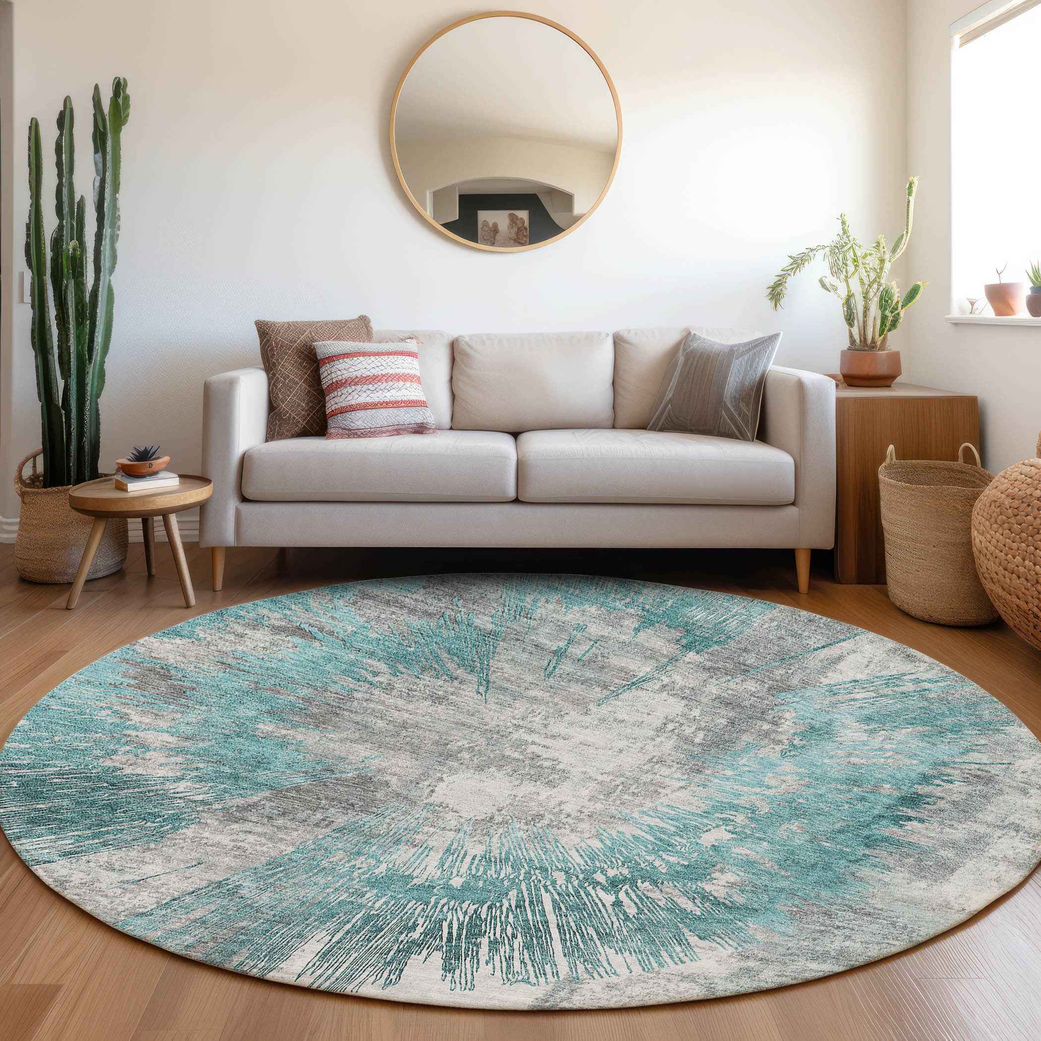 8' Teal Blue Aqua And Gray Round Abstract Washable Indoor Outdoor Area Rug