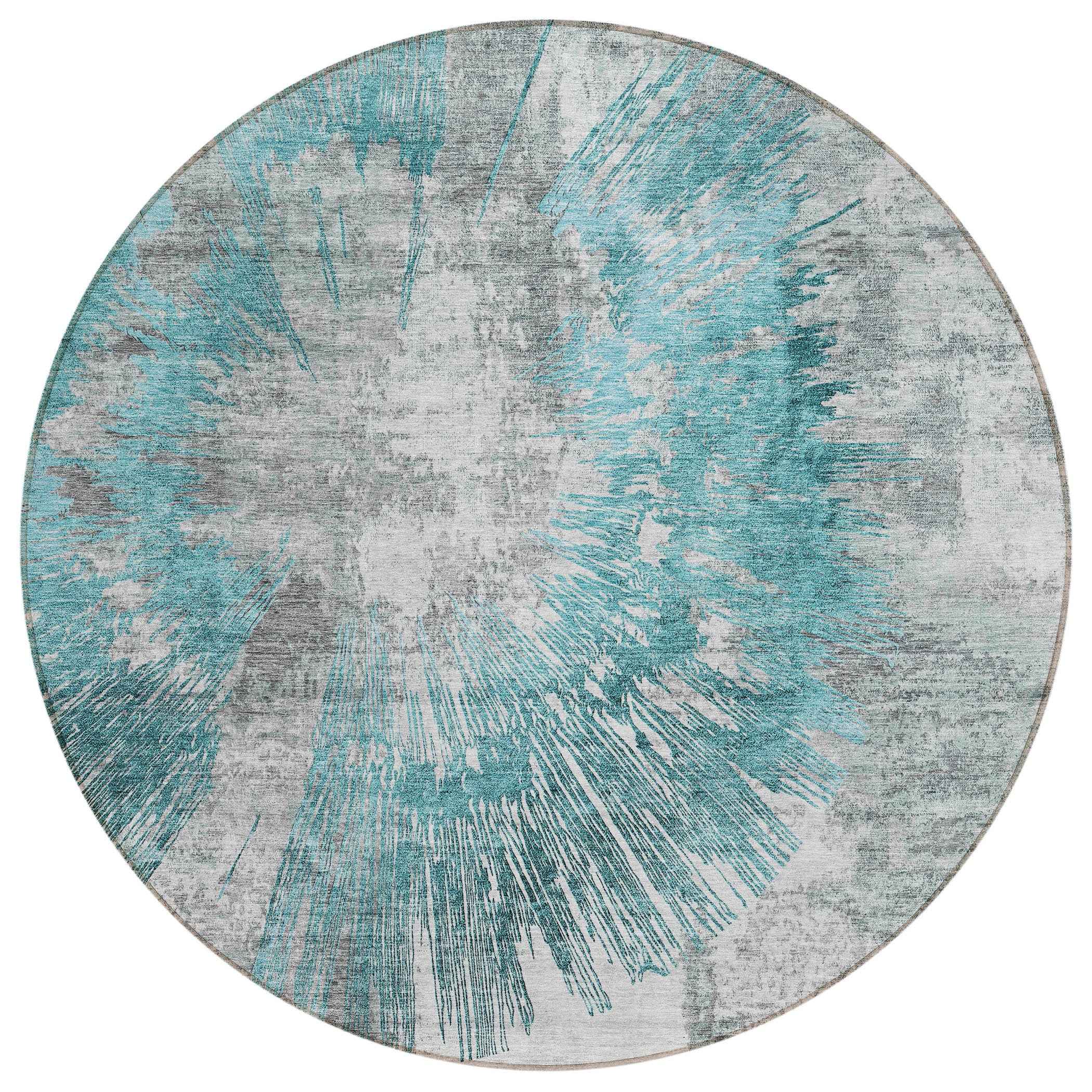 8' Teal Blue Aqua And Gray Round Abstract Washable Indoor Outdoor Area Rug