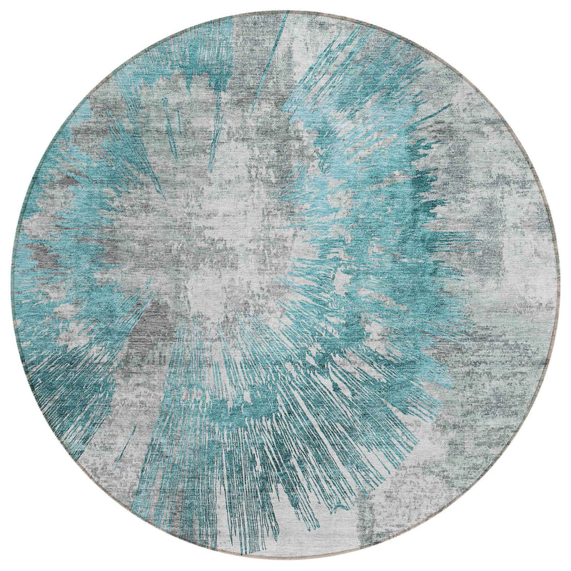 8' Teal Blue Aqua And Gray Round Abstract Washable Indoor Outdoor Area Rug