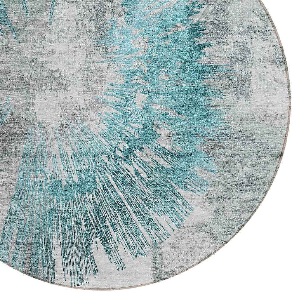 8' Teal Blue Aqua And Gray Round Abstract Washable Indoor Outdoor Area Rug