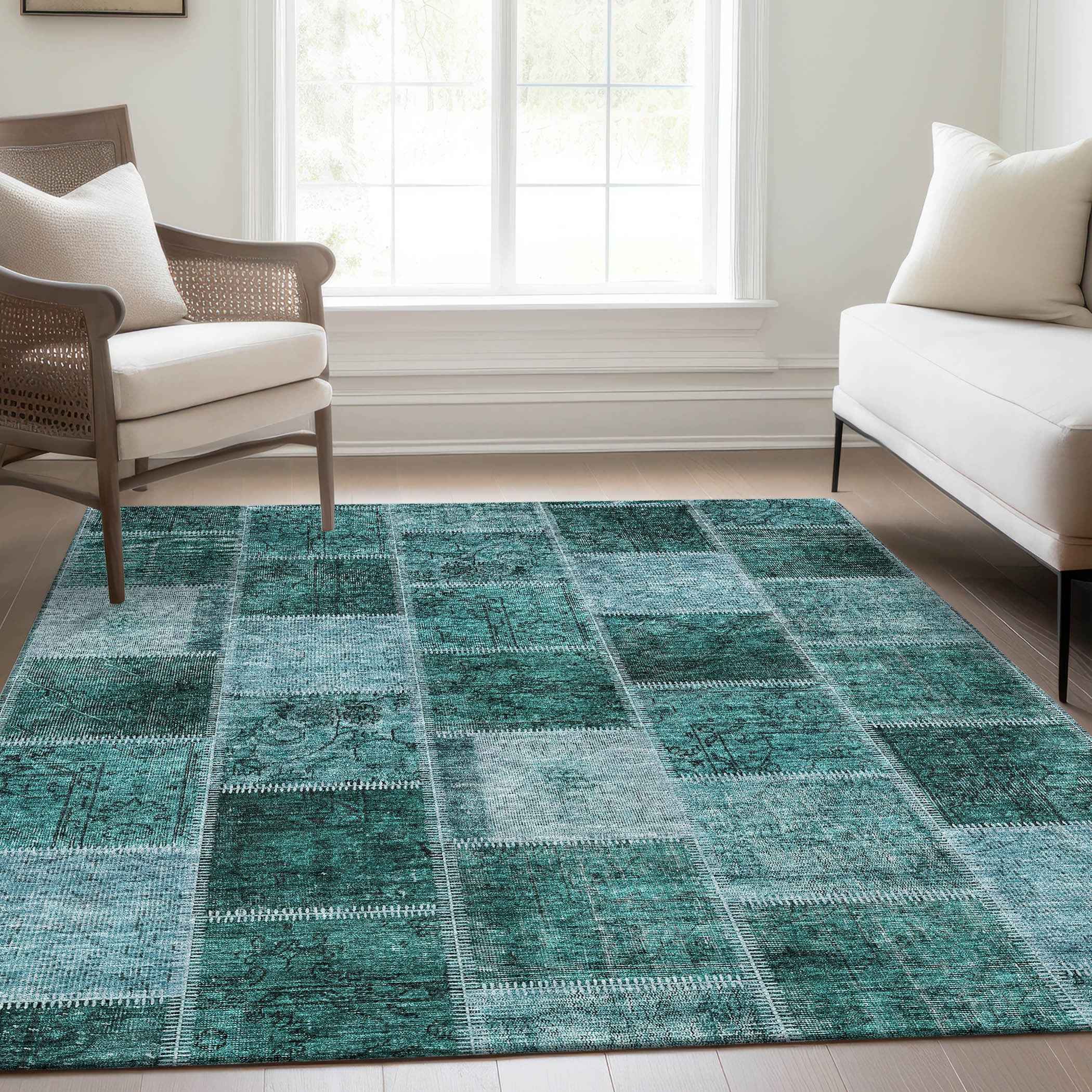 3' X 5' Teal Blue Aqua And Charcoal Patchwork Washable Indoor Outdoor Area Rug