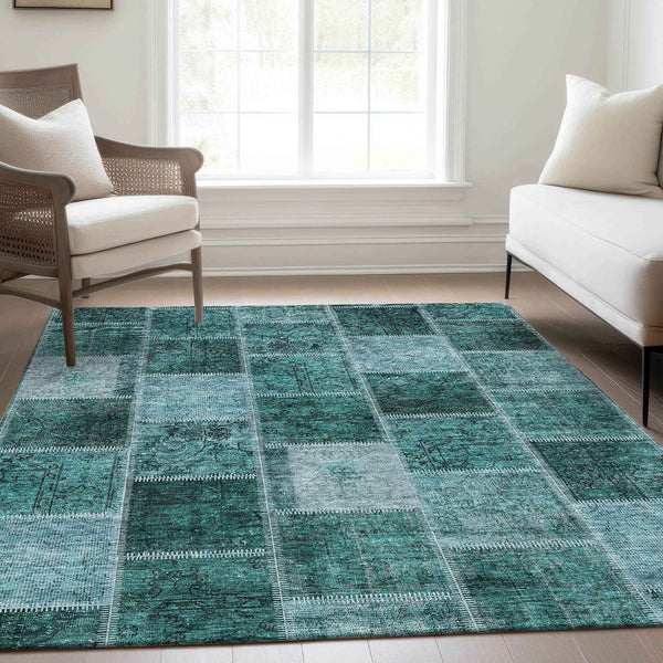 3' X 5' Teal Blue Aqua And Charcoal Patchwork Washable Indoor Outdoor Area Rug