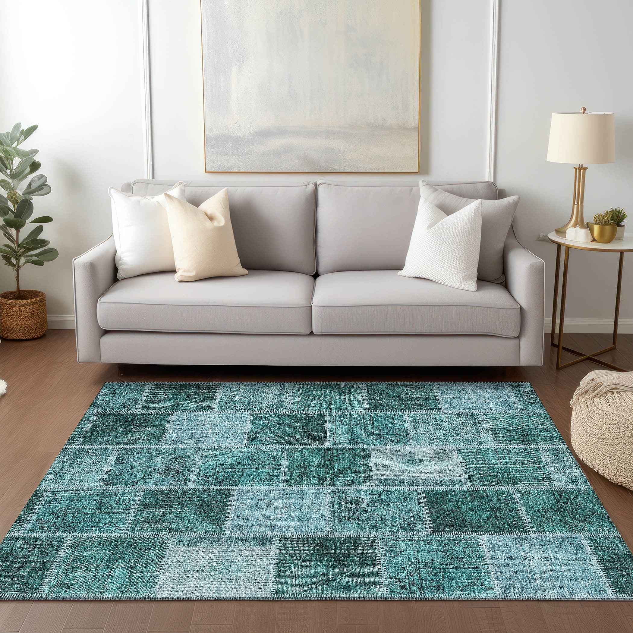 3' X 5' Teal Blue Aqua And Charcoal Patchwork Washable Indoor Outdoor Area Rug
