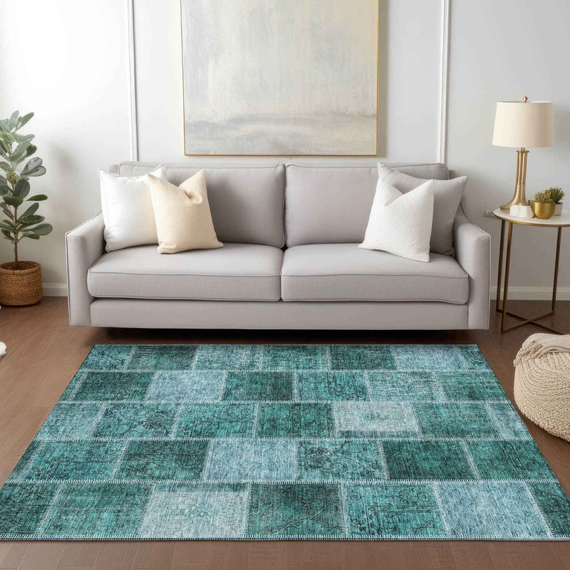 3' X 5' Teal Blue Aqua And Charcoal Patchwork Washable Indoor Outdoor Area Rug