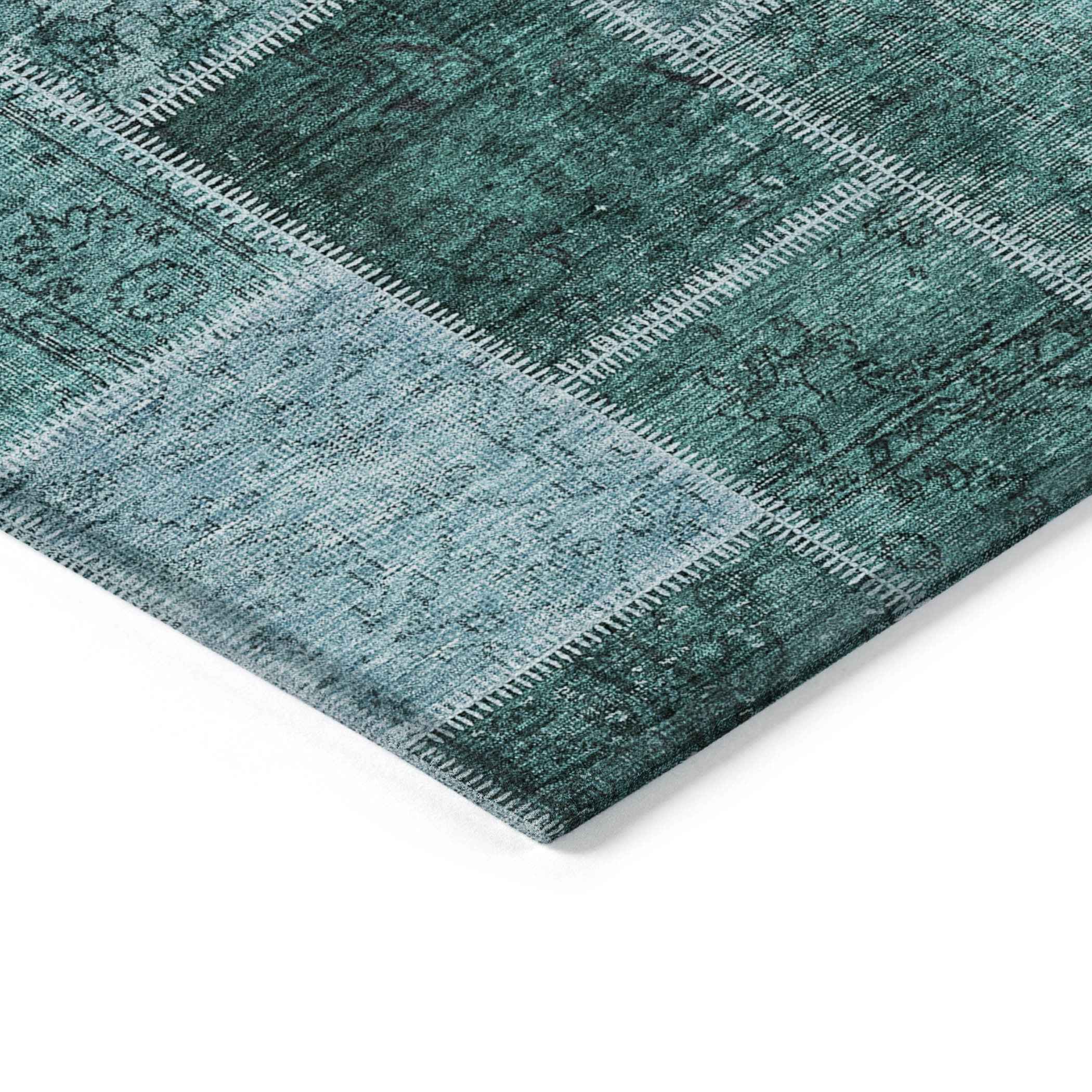 3' X 5' Teal Blue Aqua And Charcoal Patchwork Washable Indoor Outdoor Area Rug