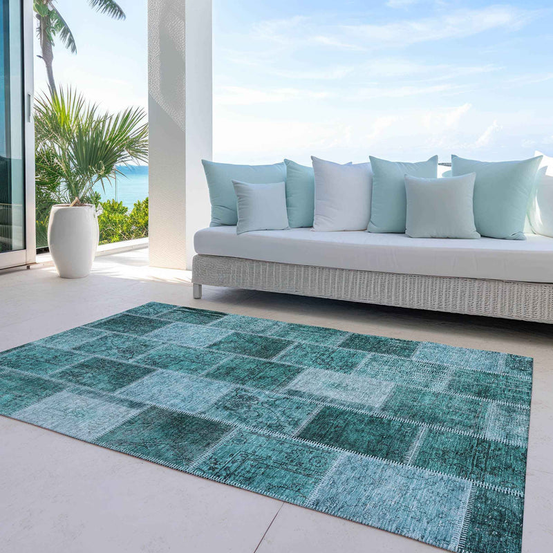 3' X 5' Teal Blue Aqua And Charcoal Patchwork Washable Indoor Outdoor Area Rug