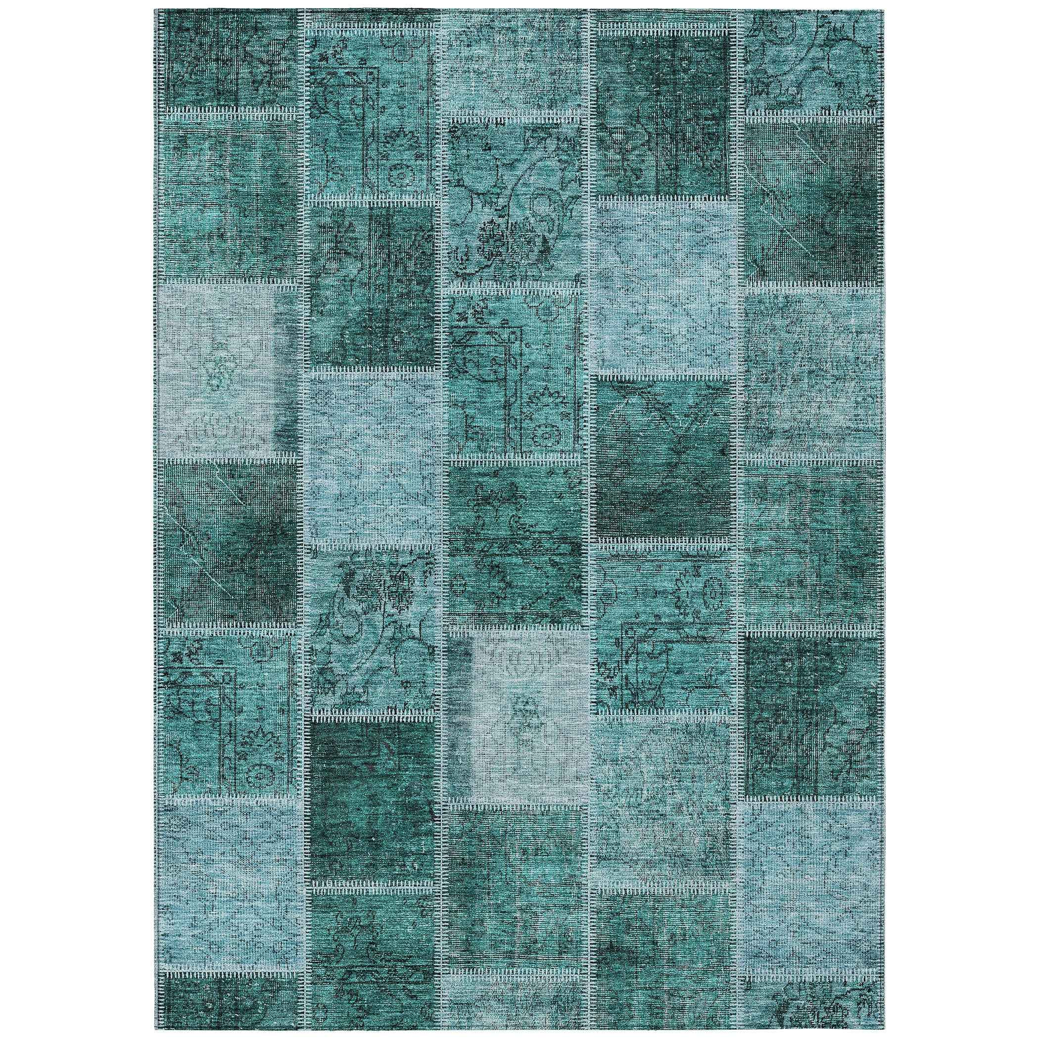 3' X 5' Teal Blue Aqua And Charcoal Patchwork Washable Indoor Outdoor Area Rug