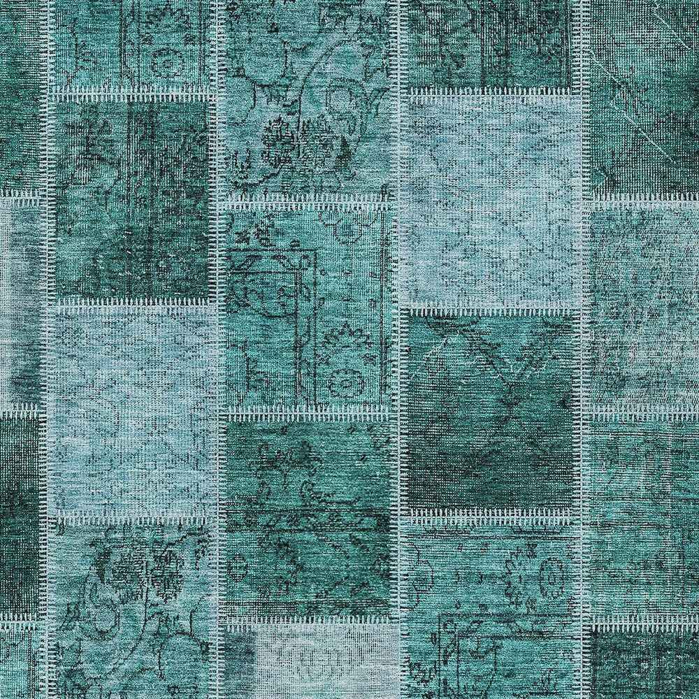 3' X 5' Teal Blue Aqua And Charcoal Patchwork Washable Indoor Outdoor Area Rug