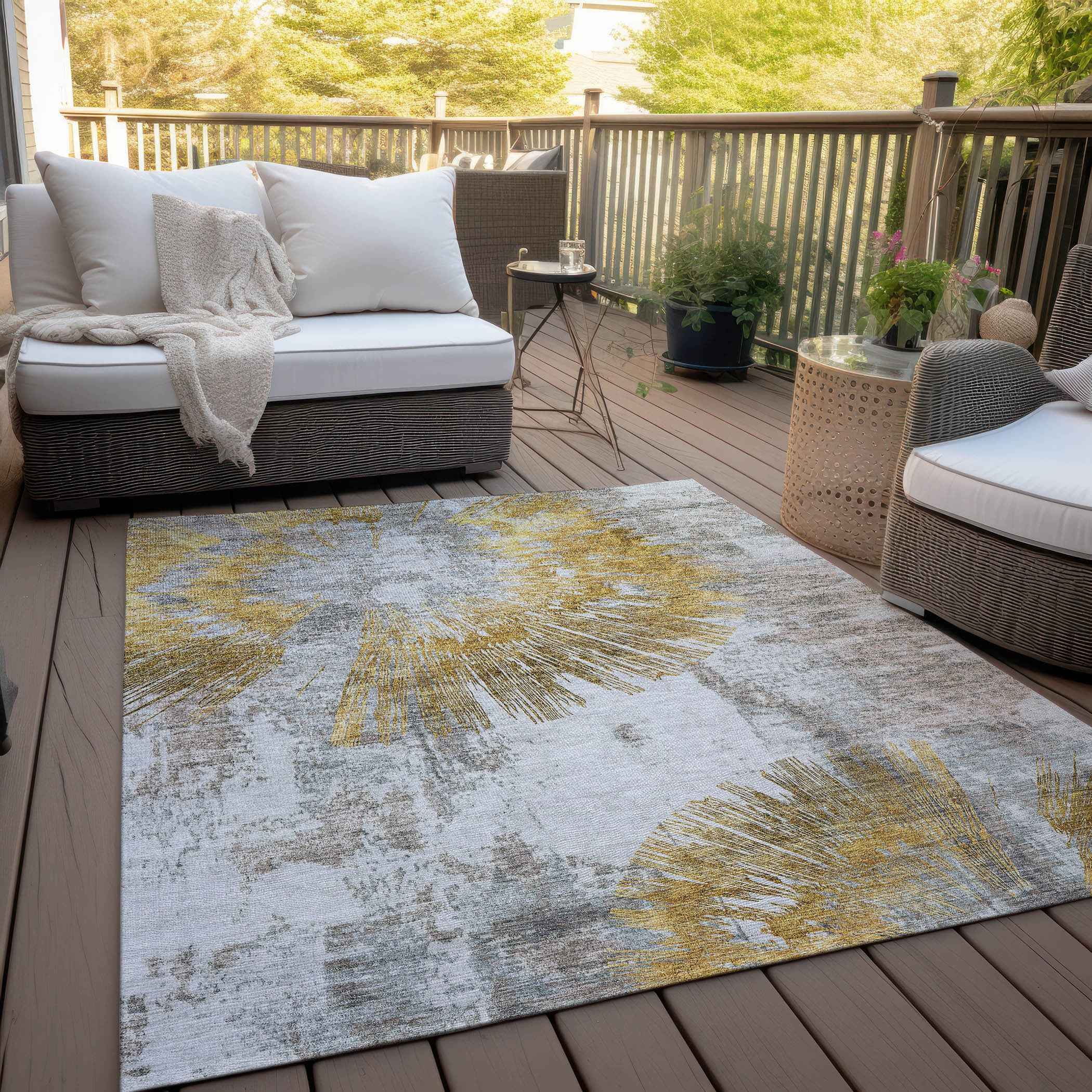 3' X 5' Gold Beige And Ivory Abstract Washable Indoor Outdoor Area Rug