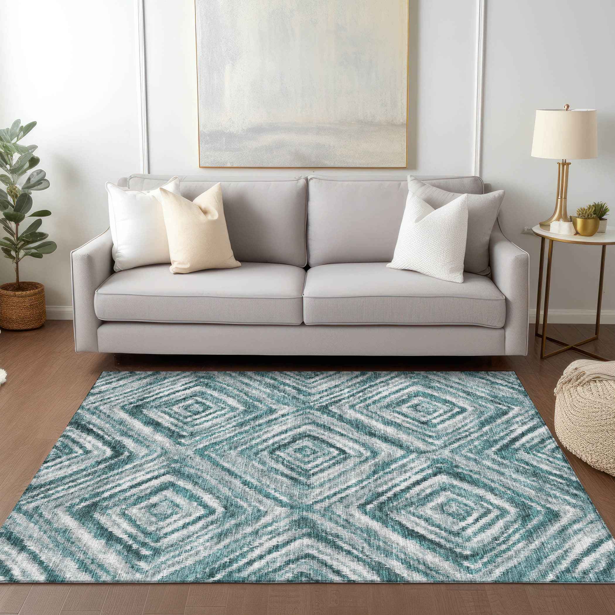 3' X 5' Teal Blue Aqua And Gray Geometric Washable Indoor Outdoor Area Rug