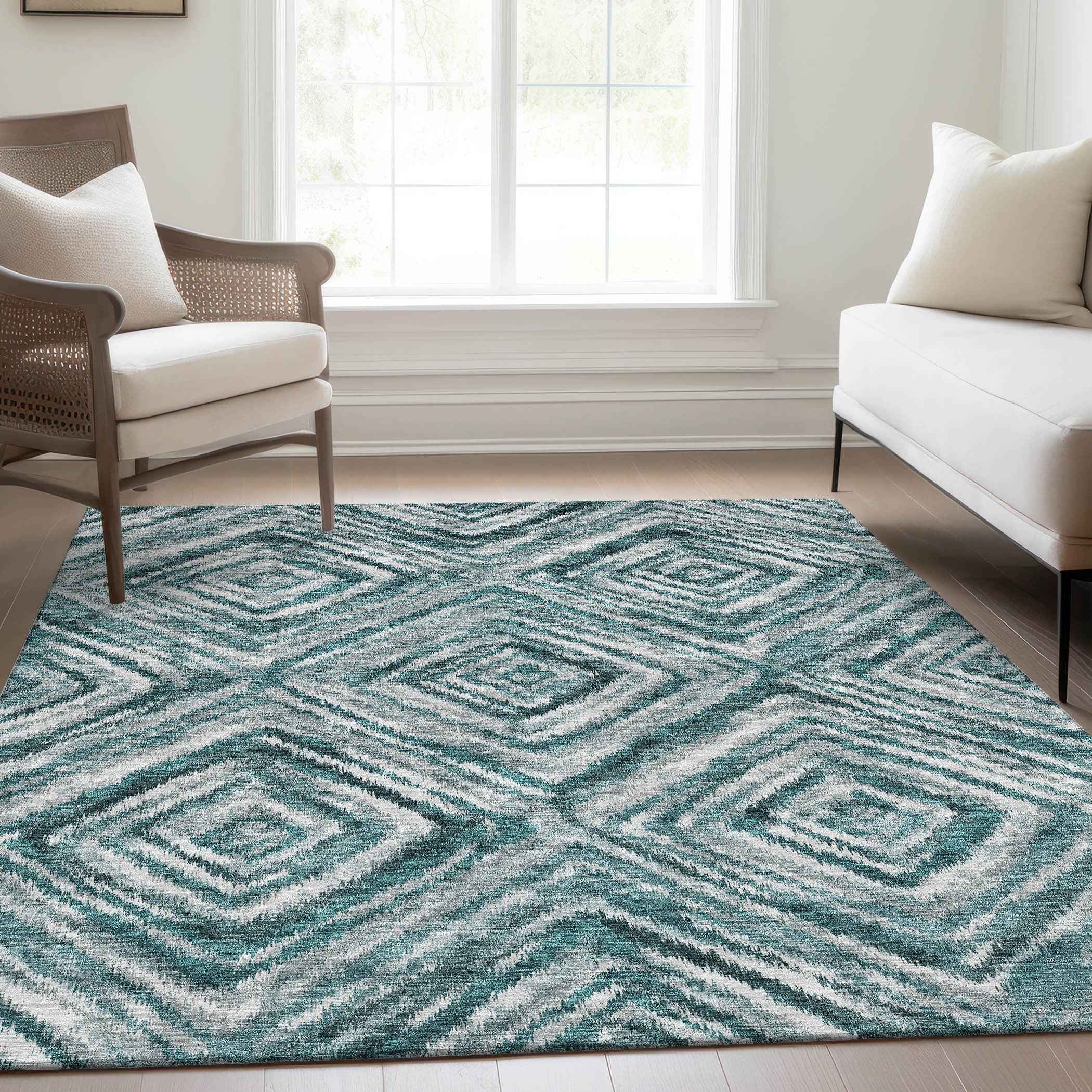 3' X 5' Teal Blue Aqua And Gray Geometric Washable Indoor Outdoor Area Rug